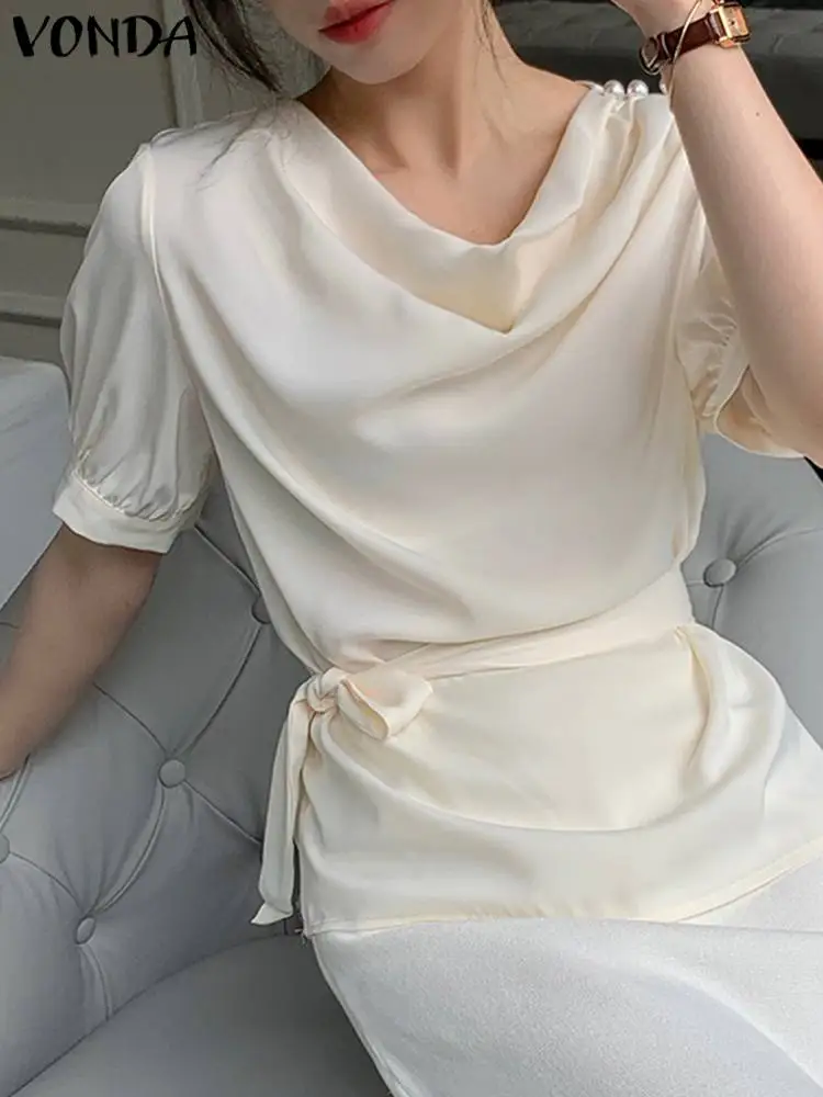 

2023 VONDA Women Casual Blouse Summer Short Sleeve Elegant OL Tops Solid Color Shirts Swing Collar Belted Fashion Blusas Female