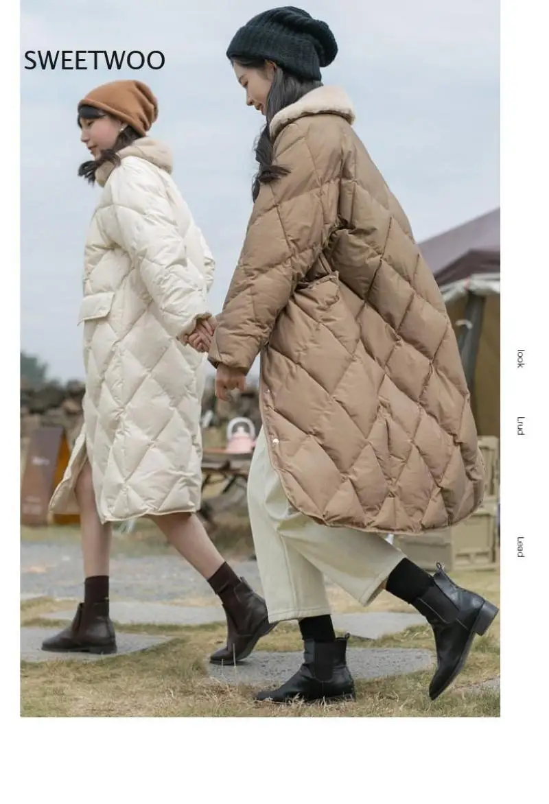 Winter Women Fur Collar Oversize Rhombus Pattern Long Parkas Pocket Female Warm Long Cotton Overcoat Single Breasted Outwears