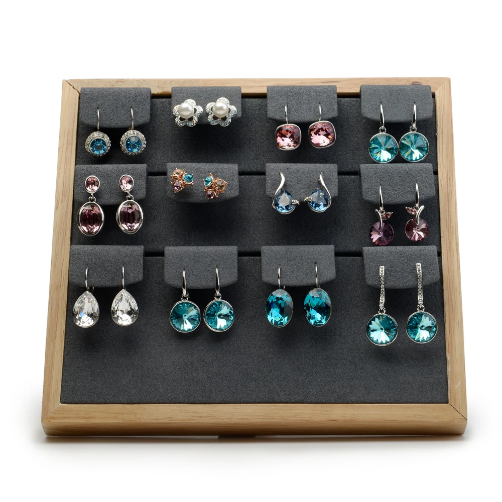 Oirlv Solid Wood Earring Display Stand Foldable Wooden Necklace Holder Beige Gray Microfiber Jewelry Organizer Earring Display