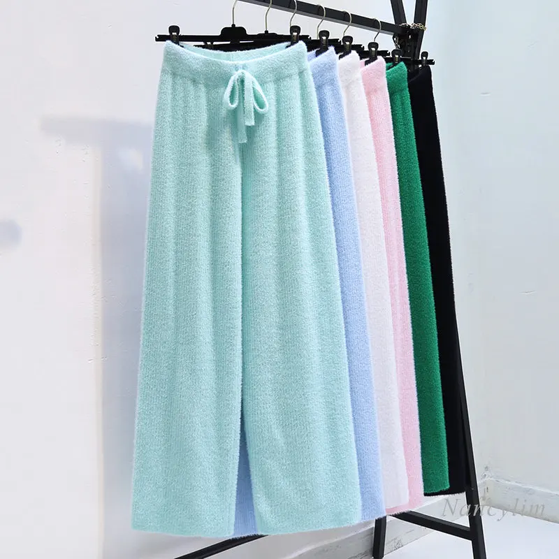 

High Waist Thickened Mink Fur Knitted Wide-Leg Pants Women's Spring Autumn and Winter Loose Mop Straight Casual Soft Trousers