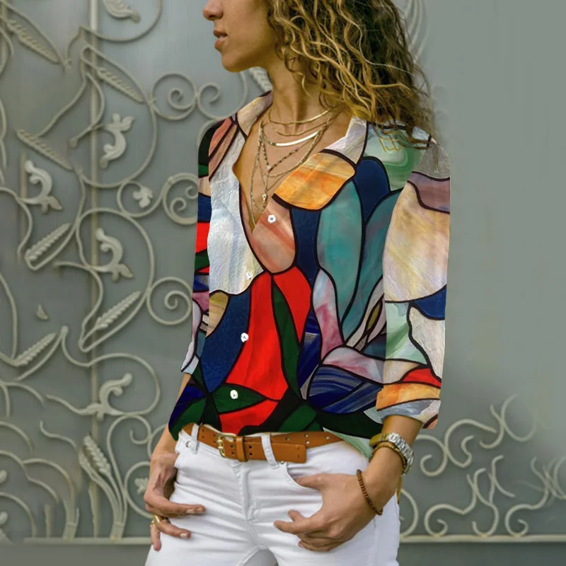 Женская винтажная рубашка на пуговицах Повседневная блузка большого размера с