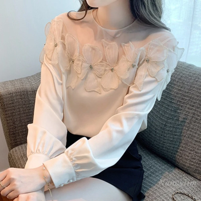 

Spring and Autumn Long-Sleeved Chiffon Shirt Women's Clothing 2023 New Elegant Flower Mesh Stitching Blouse Ladies Top Blusa