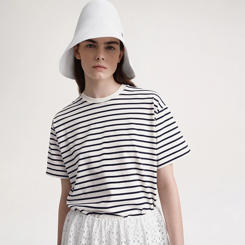 

Scandinavian niche Totem@ Classic versatile college style simple crew neck striped cotton short sleeve t-shirt