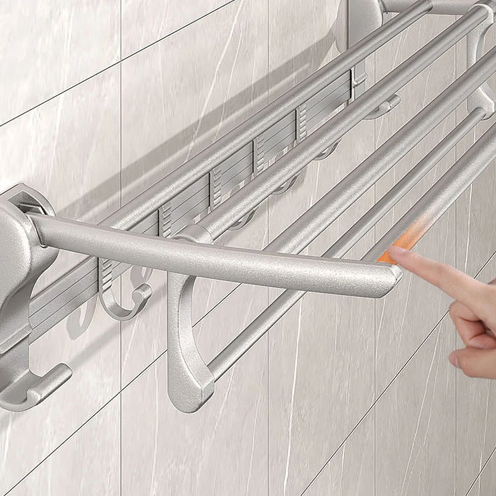 

Bathroom Towel Rail Bath Organizer Shelfs Towel Storage Towels Hanger Aluminum Shower-gel Shampoo Rack Wall No-drilling Foldable