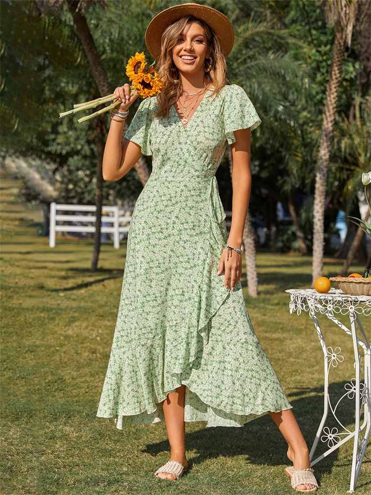 

Women Bohemian Floral Dress Summer VNeck Short Sleeve Sundress Fashion Ladies Printed Beach Holiday Vestido Ruffles Robe Femme