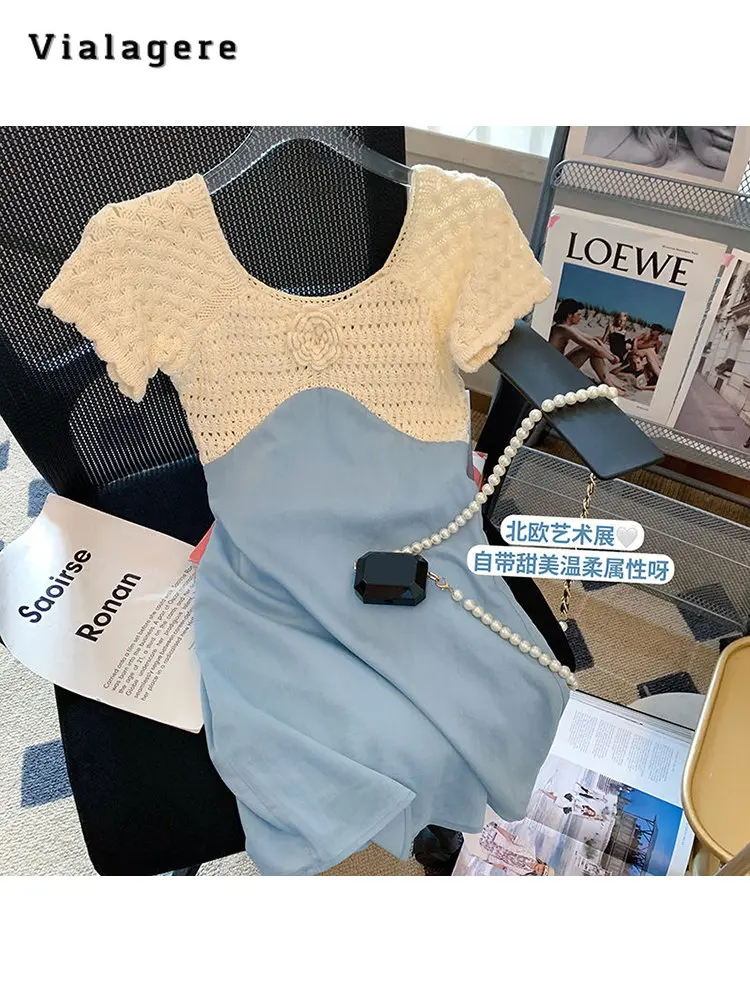 

Women Elegant Sexy Short Sleeve Hollow Out Patchwork Sheath Mini Dresses 2023 Summer Sweet High Waist Slim Fit Knitting Dress
