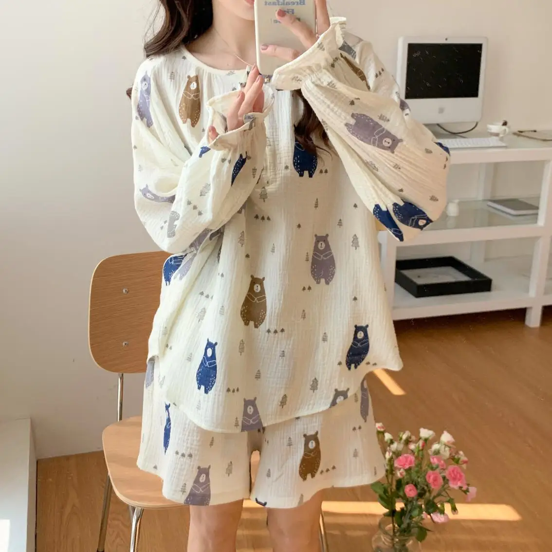 Soft Cartoon Print Spring Long Sleeve Home Sweet Kawaii Pajamas Set Women Elegant Casual Loli Simple Two Piece Set Fashionable