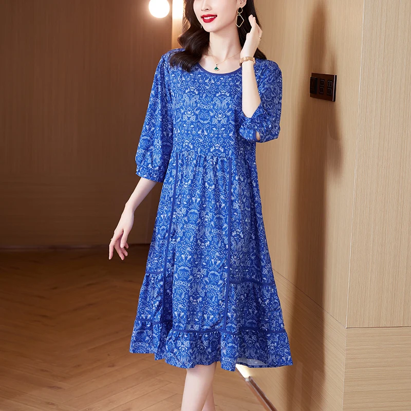 Женское платье с коротким рукавом длинная свободная юбка цветочным принтом и