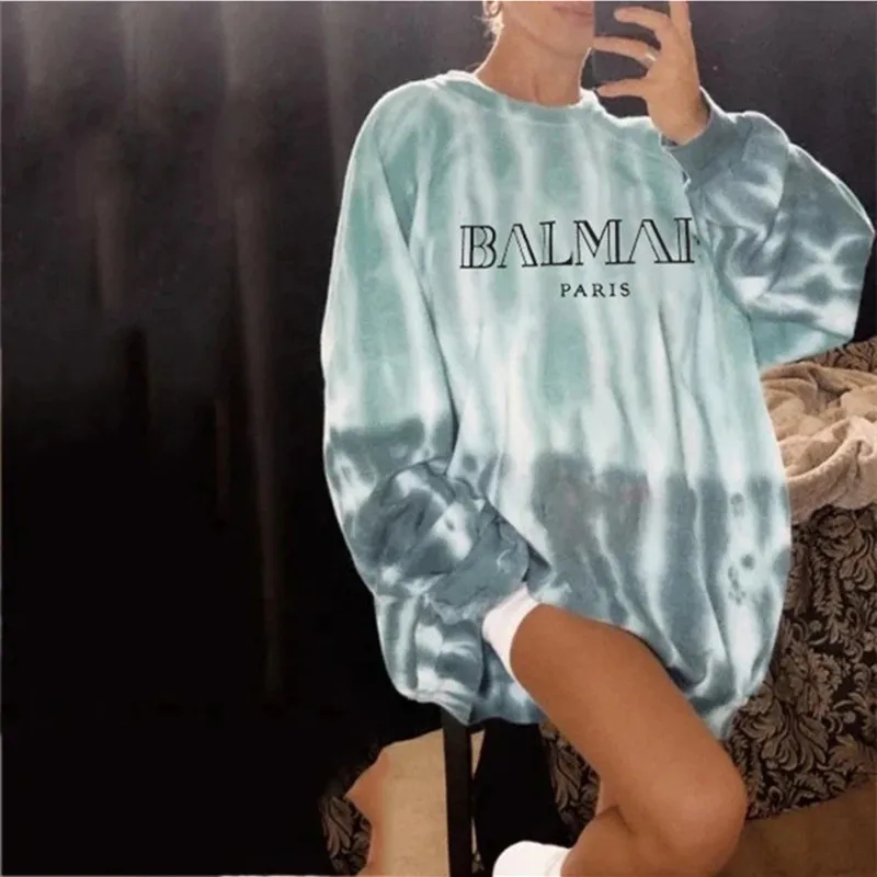 

Winter Warm Streetwear Pullovers Punk Graphic Women Men Tops Loose Letter Print Tie Dye Gradient Sweatshirt Crew Neck Jumper New