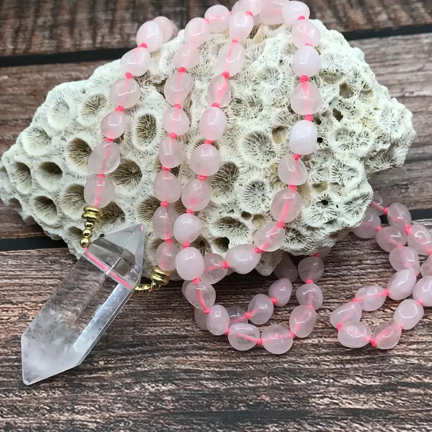

Raw Pink Quartz Chip Bead Knotted Handmade Necklaces White Crystal Double Point Pendant Yoga Mala Prayer Women Jewelry,QC0154