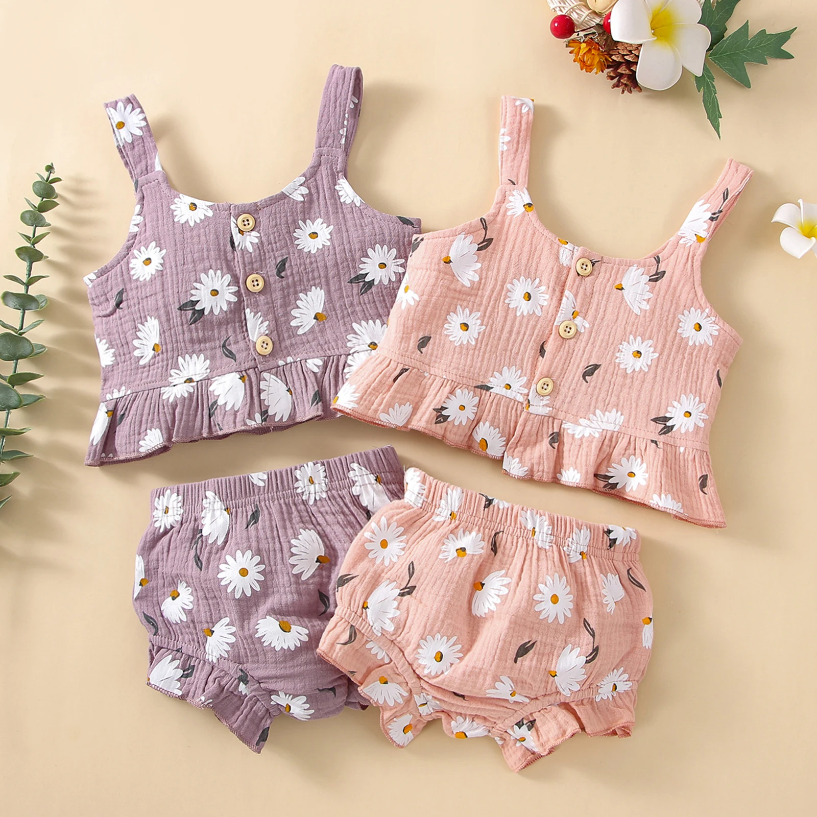 

Cute Baby Girls Daisy Flower Print Sleeveless Ruffle Hem Suspender Tanks Tops Short Casual Summer Child Girl Clothing Set