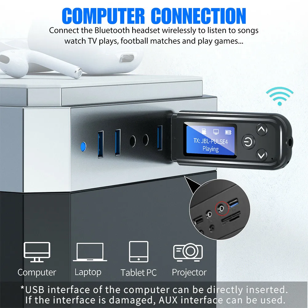 

USB Bluetooth Audio Transmitter TF Card 2in1 3.5mm AUX A2DP/AVRCP Audio Adapter Bluetooth 5.0 DC 5V/2.1V