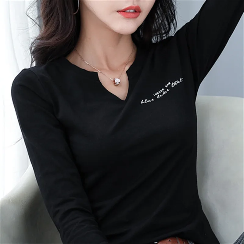 

Women Casual V-neck Slim Stretchy Letters Print Long Sleeve Tops Tees Tshirt Spring 2021 Cotton T-shirt Women Clothing Elegant