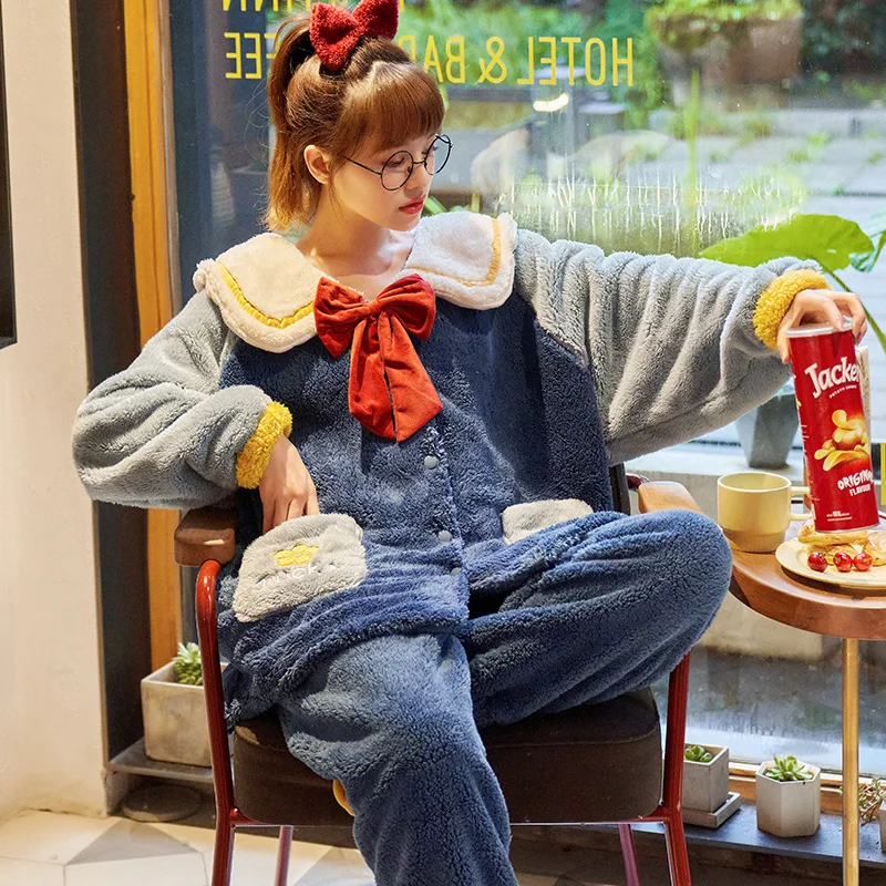 Winter Pajamas Keep Warm Princess Style Plus Size Loose Version Coral Fleece Inspissate Nighty Women Sleepwear Pajama Set