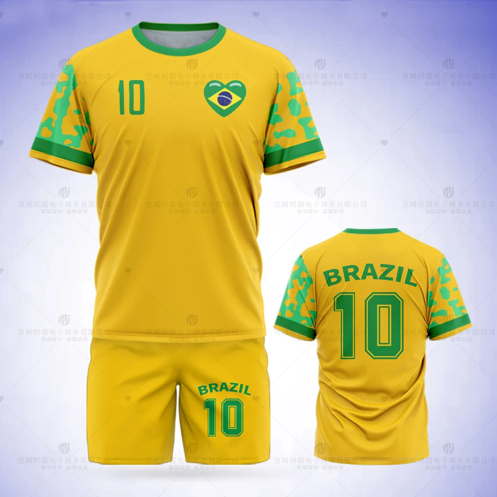 2023 Summer New Brazilian Football Printed T-shirt Set, Flag Printed Shorts, Yellow Tennis Jersey, Team Uniform