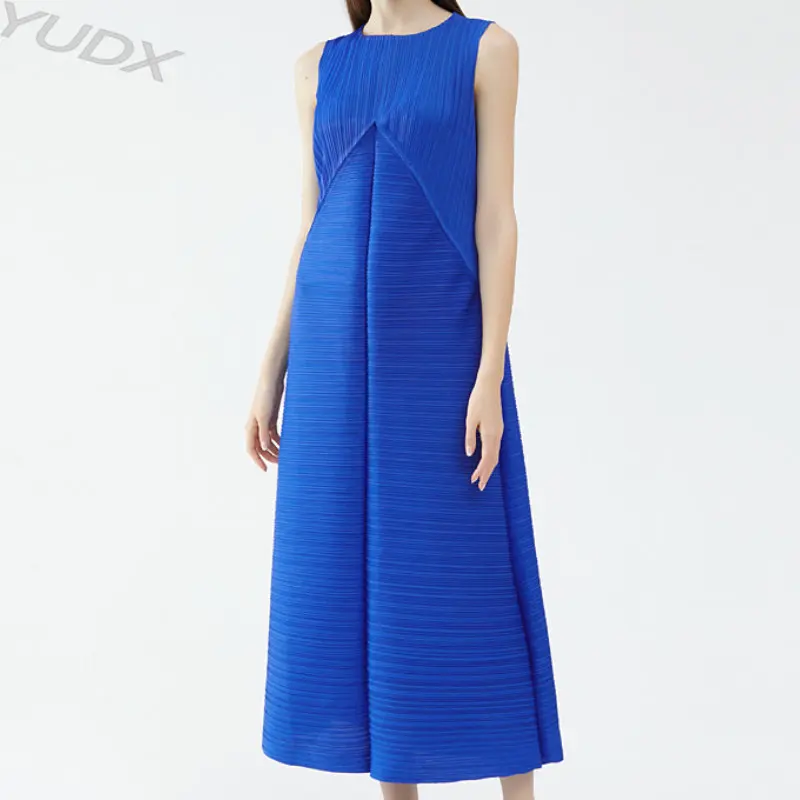 YUDX Miyake Pleated 2023 Summer New Solid Color Party Skirt Loose Version Sleeveless Long Pleated Casual Blue Women's Dresses