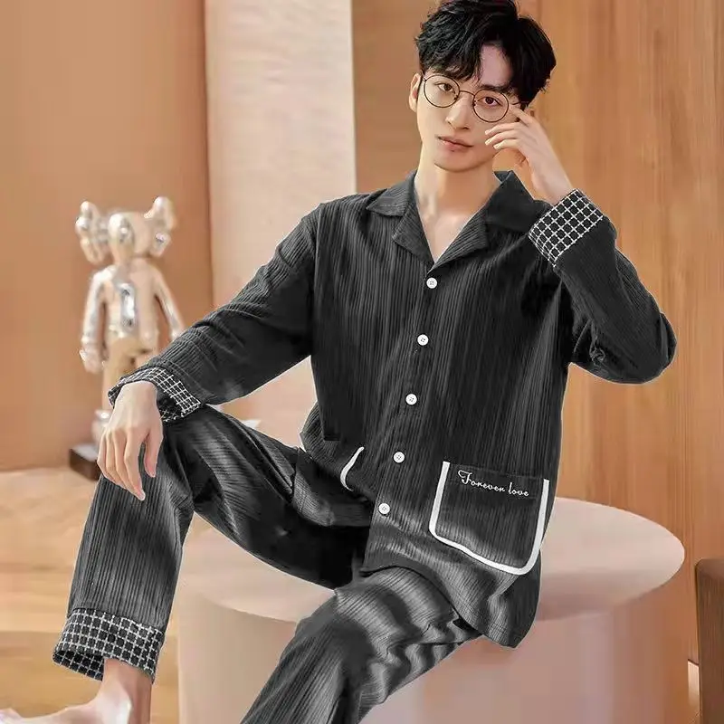 Large size long sleeve pajamas men's autumn and winter thin plus extra large size 300 pounds cardigan fat guy teen loungewear