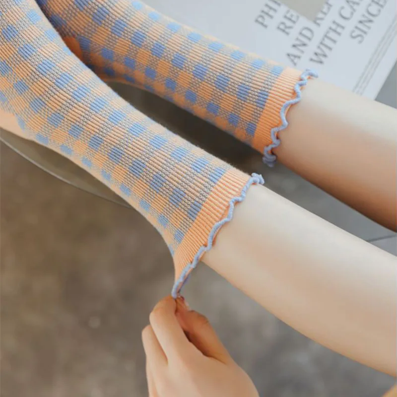 7 Pair Fashion New Frilly Socks Women Checkered Long Winter Cotton Socks For Women Christmas Gifts Cute Woman Leg Warmers Korean