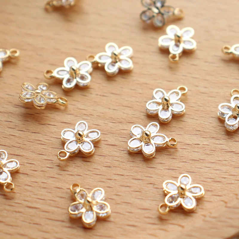 Vacuum Plating K Gold mini Zircon flower cute Drop Pendant little Charms for making jewelry accessories 8.5mm 3pcs |