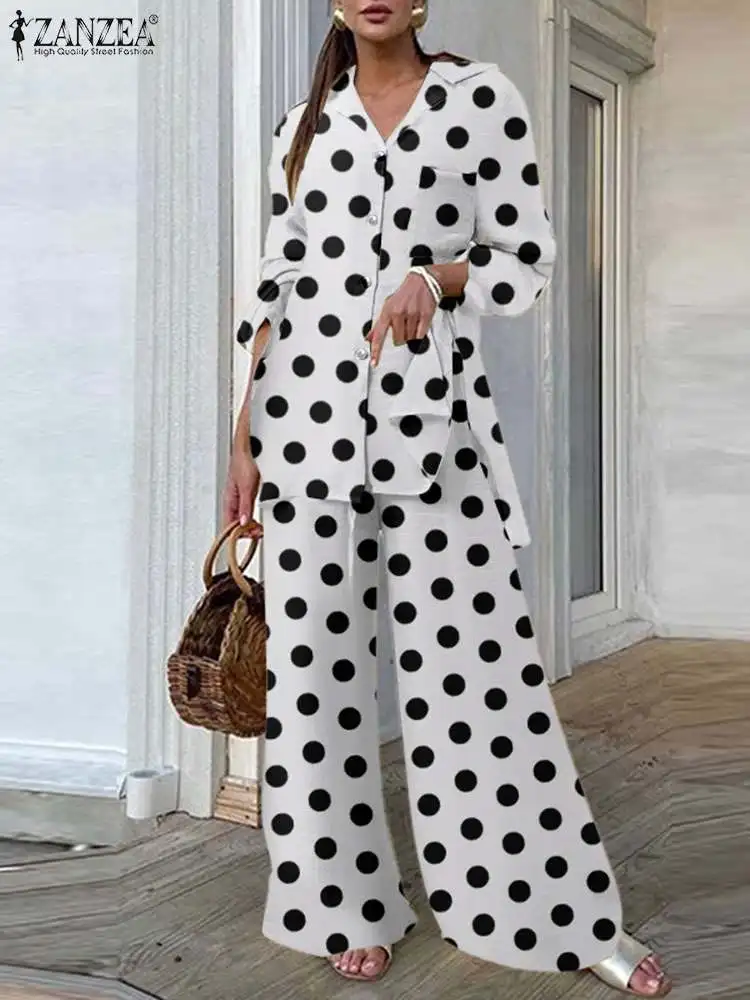 

2023 ZANZEA Women Polka Dot Pant Sets Casual Loose Side Slit Shirt Tracksuit 2023 Fashion Elastic Waist Wide Leg Trouser Outfits
