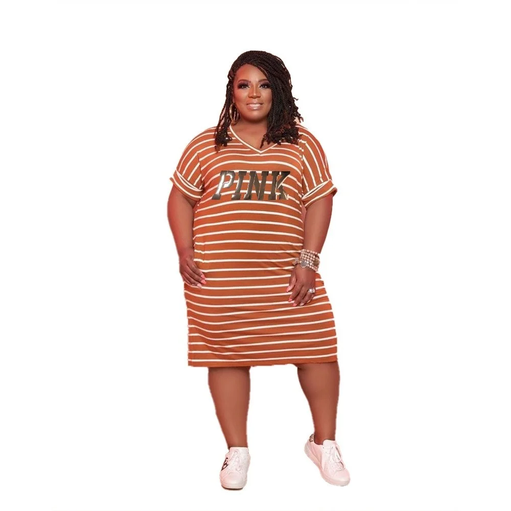 Plus Size Dresses Summer Women Clothing African Short Sleeve Stripe Loose Casual Midi Dress 3xl 4xl 5xl 6xl