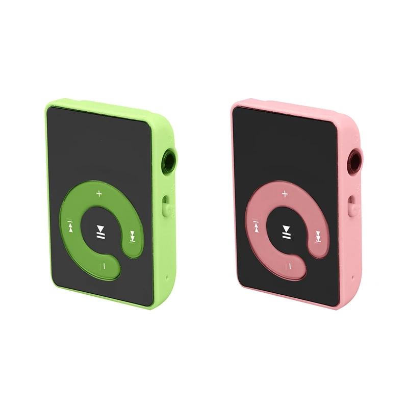 

2 Pcs Mini Mirror Clip USB Digital Mp3 Music Player Support 8GB SD TF Card Green & Pink