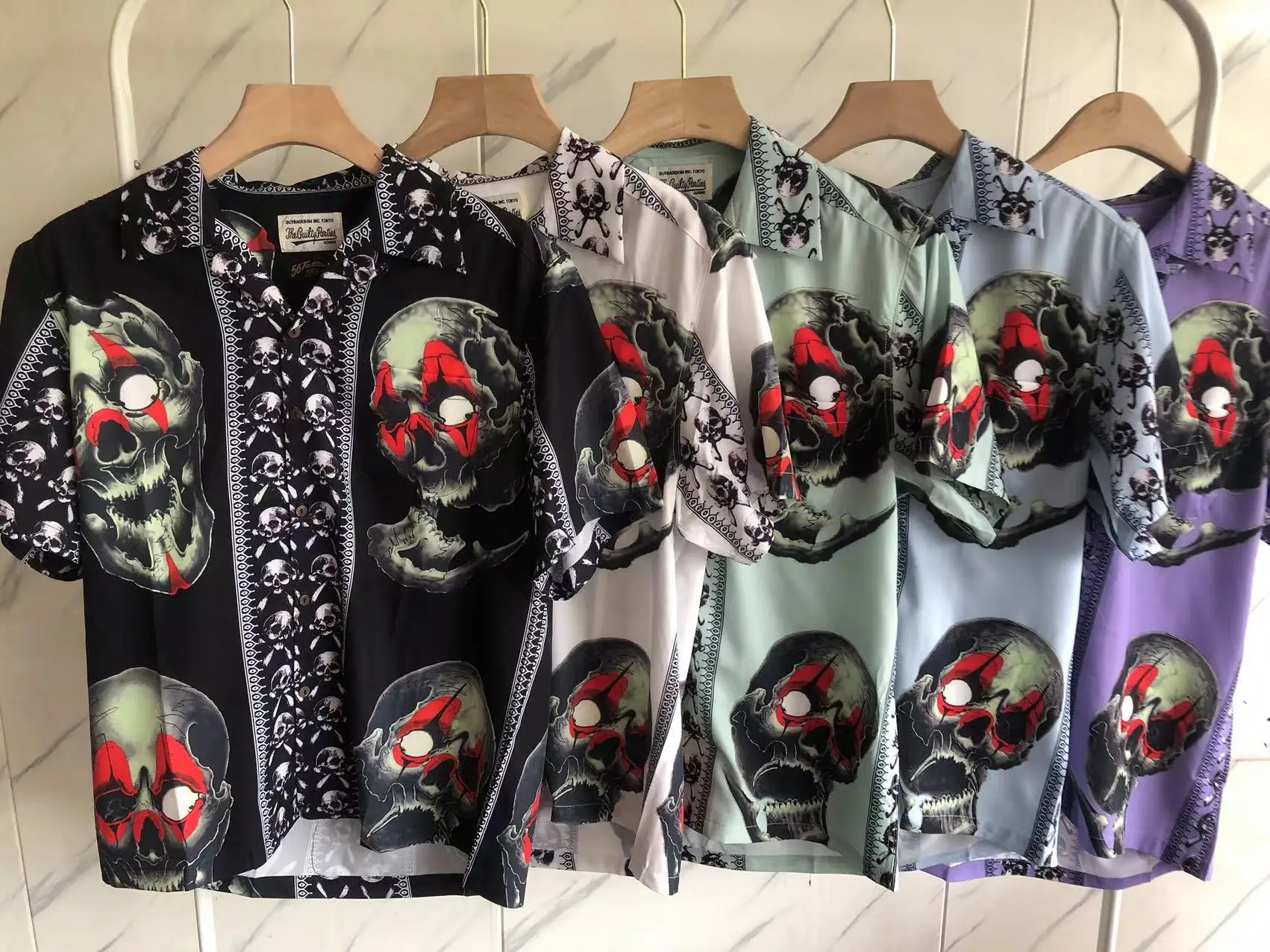 

Hip Hop WACKO MARIA Skull Goblin Shirts Buttons Pocket Lapel Tops Thin High Quality Oversized Casual Short Sleeve Kanye West