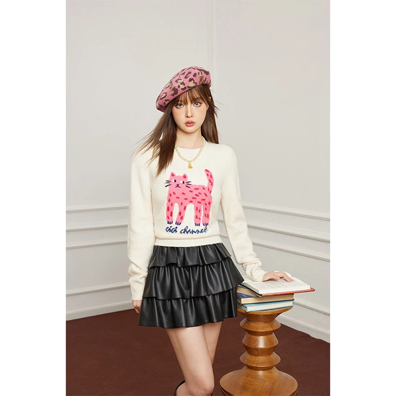 Y2K Cropped Sweater Women Harajuku Cartoon Cat Knitted Pullovers Winter Kawaii Print Long Sleeve Knitwear Korean Slim Jumpers