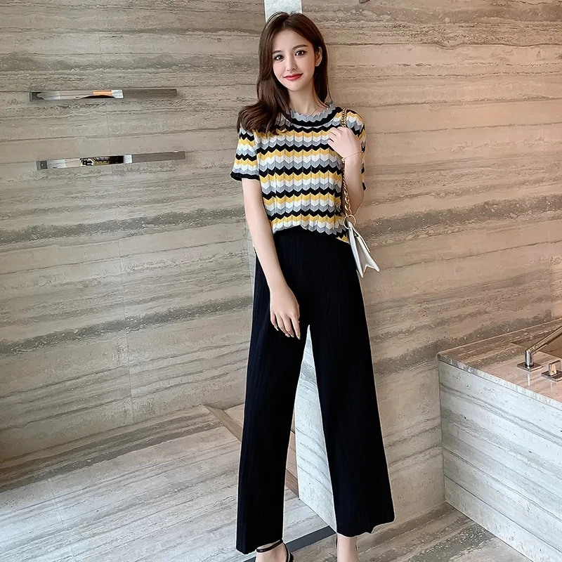 Летний модный Трикотажный костюм из двух предметов Женский Повседневный