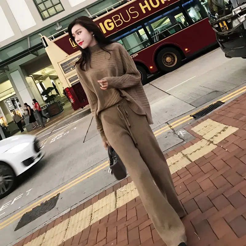 

Two Piece Set of Women Knitted Sweater Sets Autumn Winter Turtleneck Pullover and Wide Leg Pants Casual Split Thick Loose V721