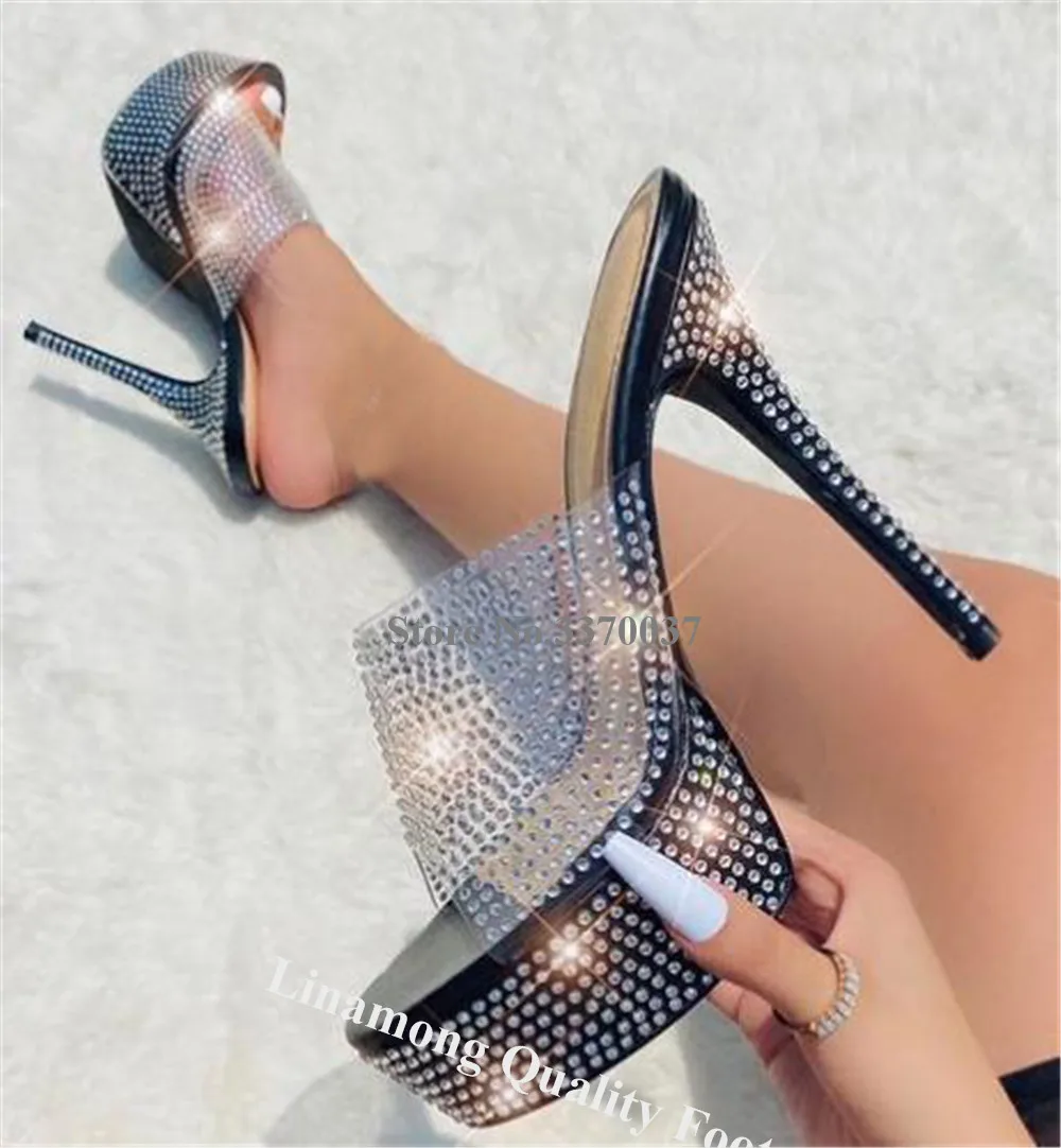 Linamong Crystals PVC Thin Heel Slippers Bling Bling Peep Toe Transparent Rhinestones High Platform Stiletto Heel Sandals