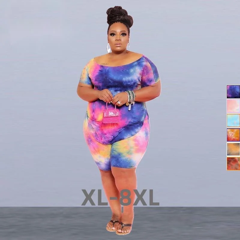 Plus Size Summer Women Clothing Two Piece Sets Short Sleeve Tie Dye Loose Casual Fashion Sexy Lad 3xl 4xl 5xl 6xl