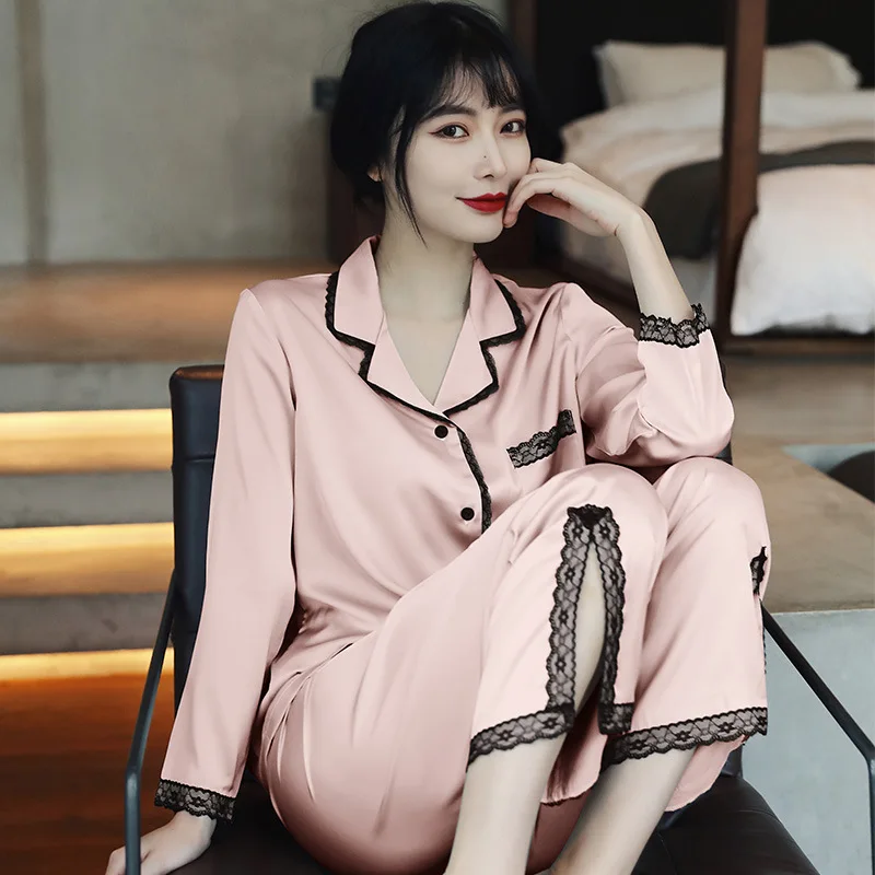 2023 women's home wear spring, summer and autumn new sexy ice silk thin rayon long-sleeved black lace women's pajamas