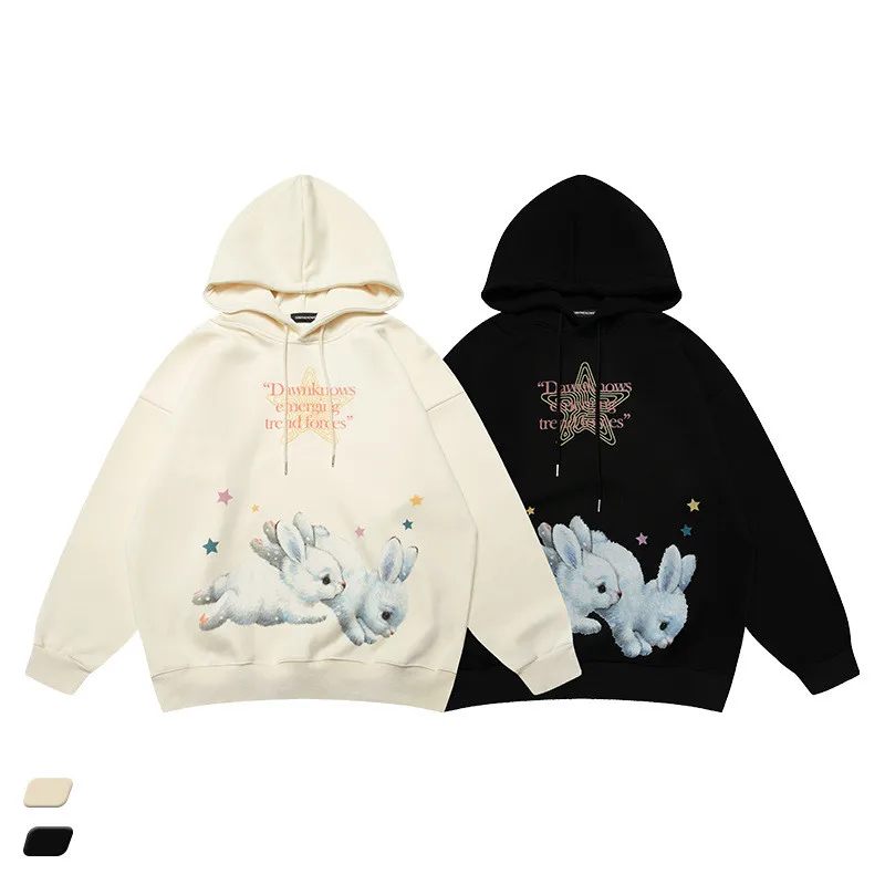 

Vayrich Rabbit Graffiti Cartoon Fleece Hoodie Sweatshirts Streetwear Unisex College Casual Outerwear Couple Knitwear Coat