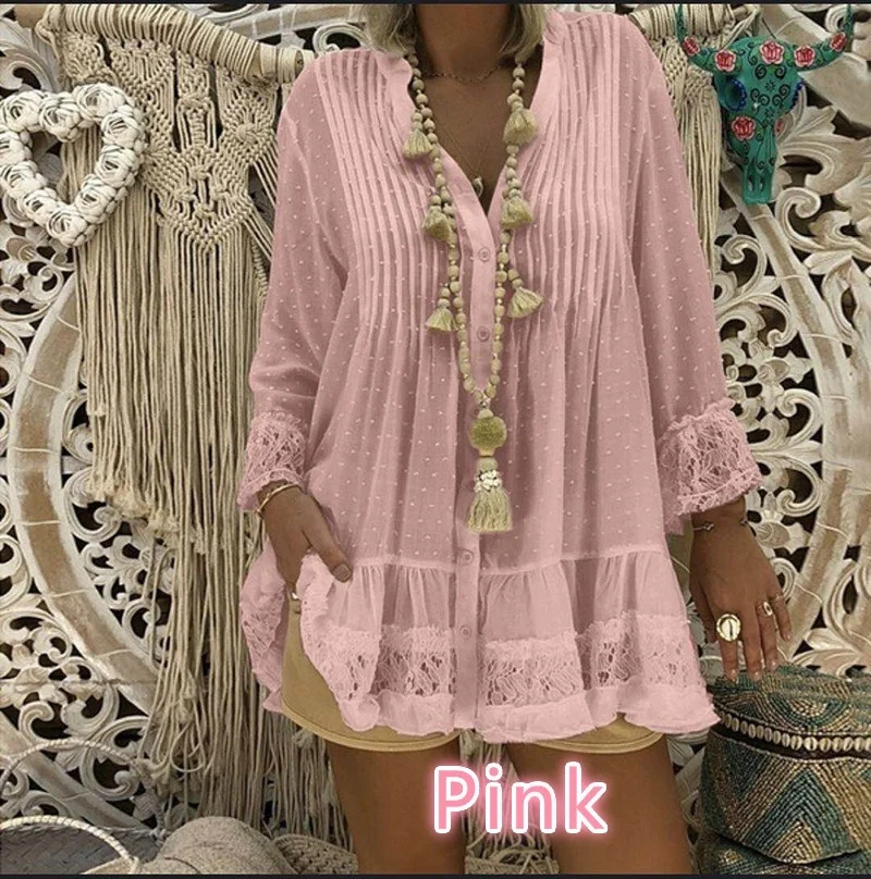 

High Quality Loose Lace Women Blouse 2022 Fall Blouses Tops Fashion Casual V-neck Long Sleeve Women Shirts