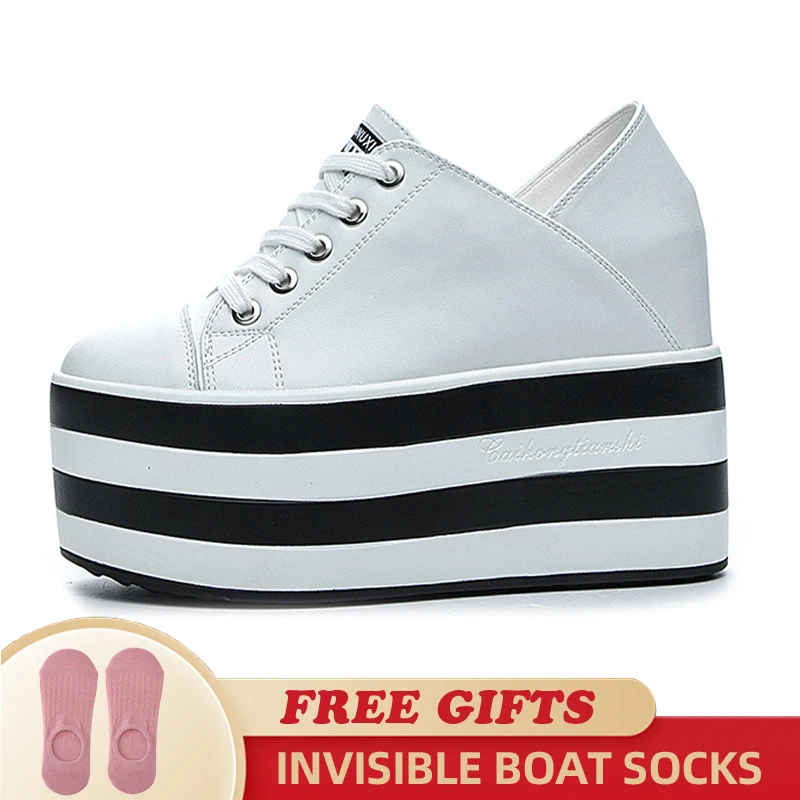 2023 Fashion New Genuine Leather 12cm Chunky Sneakers Wedge Platform Lace Breathable Heels Shoes Vulcanized Summer Females Shoes
