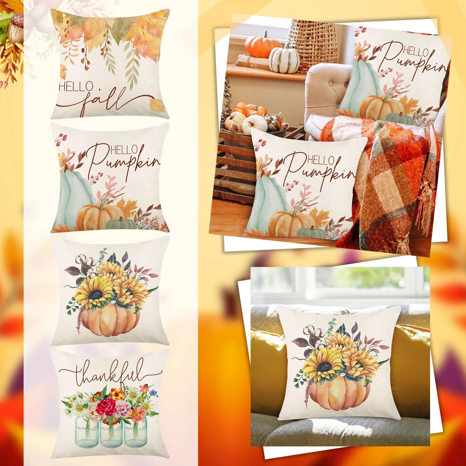 

4PCThanksgiving Pumpkin Sunflower Pillowcase Sofa Throw Pillows Decorative Bed Throw Pillows White Throw Pillows for Bedroom
