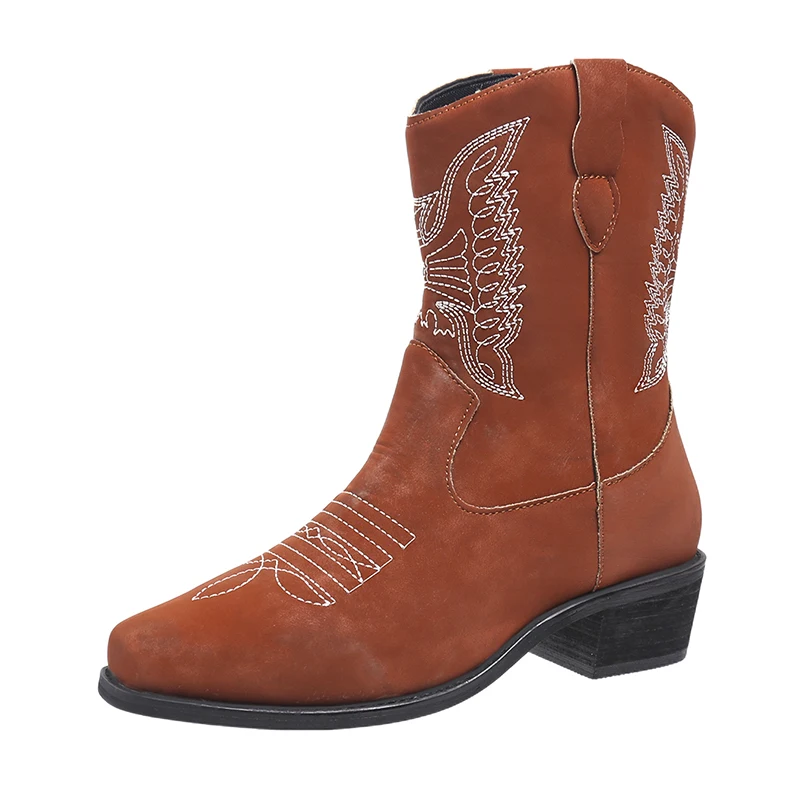 Women's Boots Autumn and Winter New Retro Embroidered Western Cowboy Boots Mid-heel Platform Shoes Light Slip-on Short Boots New