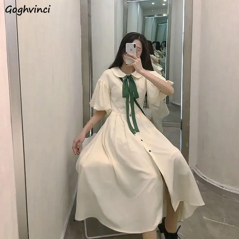 

Платье Женское с пышными рукавами, модный бандаж, а-силуэт, милый элегантный в стиле преппи, шикарный воротник «Питер Пэн» в Корейском стиле