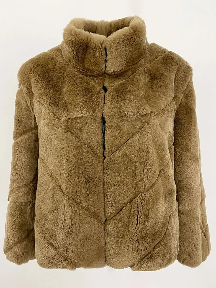 Роскошное зимнее новое модное коричневое пальто 2024 из натурального кроличьего