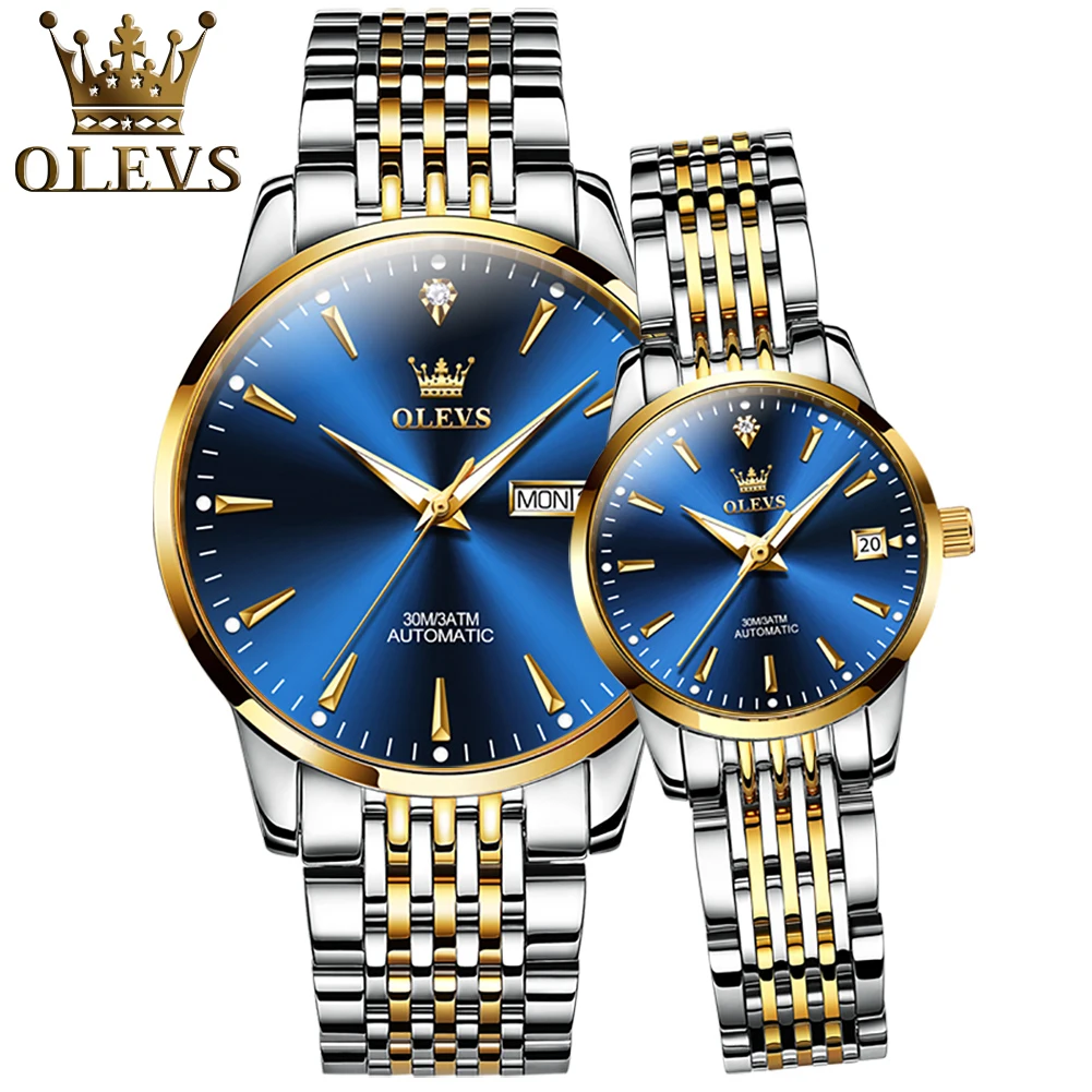 OLEVS Couple Watch Pair Men And Women Automatic Mechanical Watch Luxury Set for Lover Stainless Steel Luminous Waterproof Reloj