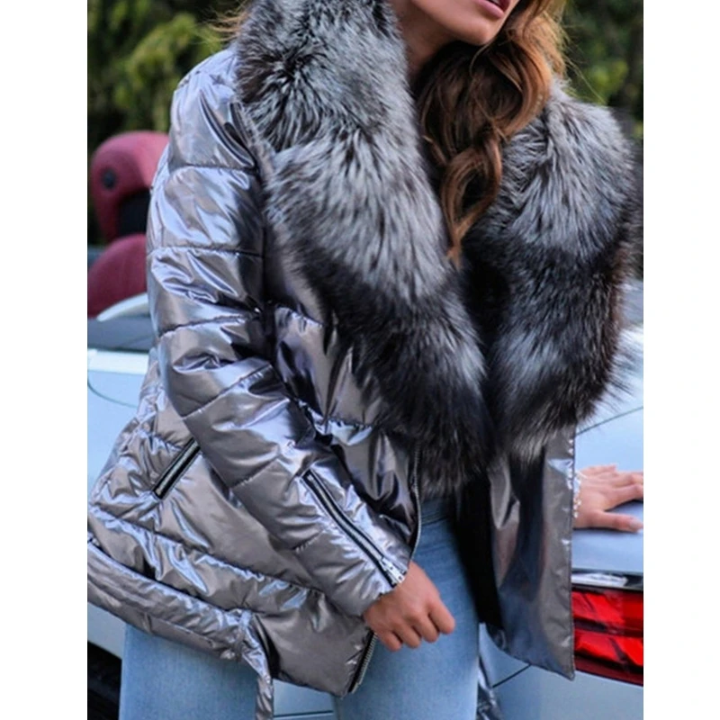 Bright Face Large Fur Collar Casual Short Long-sleeved Down Cotton 2021 Fall/winter New Style Plus Size Ladies Warm Cotton Coat