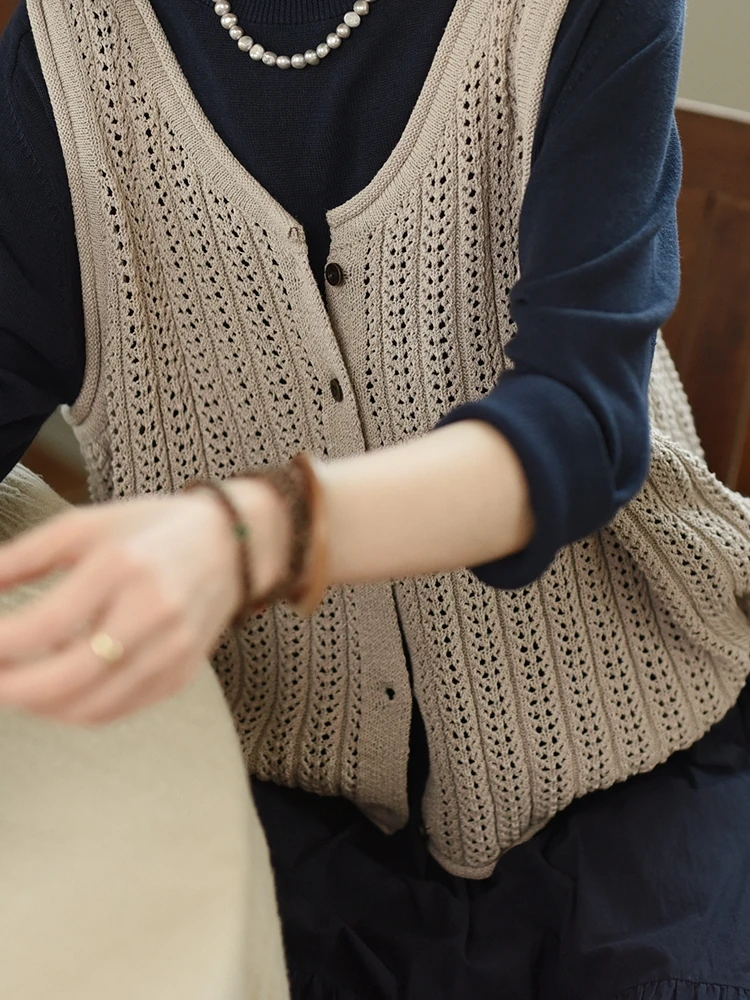 

127-130cm Bust / Spring Summer Women All-match 2 Ways Loose Hollow Out Comfy Cozy Cotton Knitted Vest