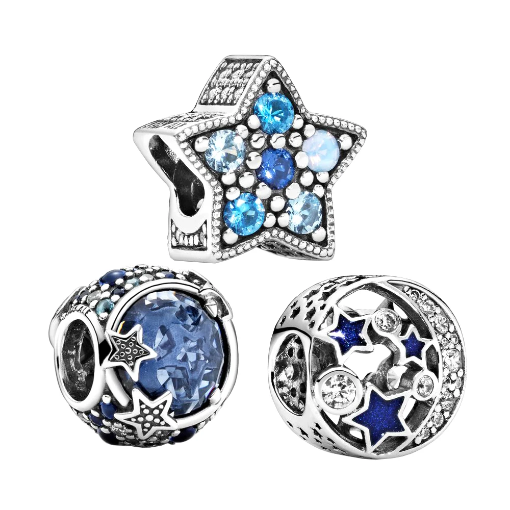 

925 Silver Heavenly Blue Glittering Stars Charm Beads fit Pandora Original Bracelet Making Jewelry for Women Gift