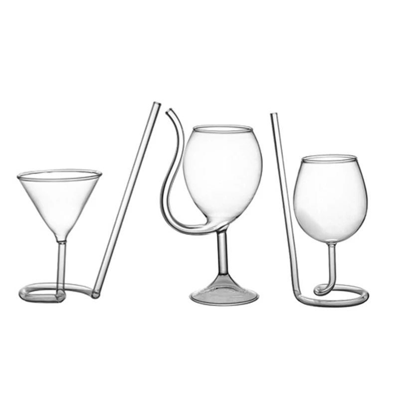 

Creative Red Wine Glass Cocktail Whiskey Clear Juice Cup Goblet with Drinking Tube Straw for Wedding Party Home Restaurant