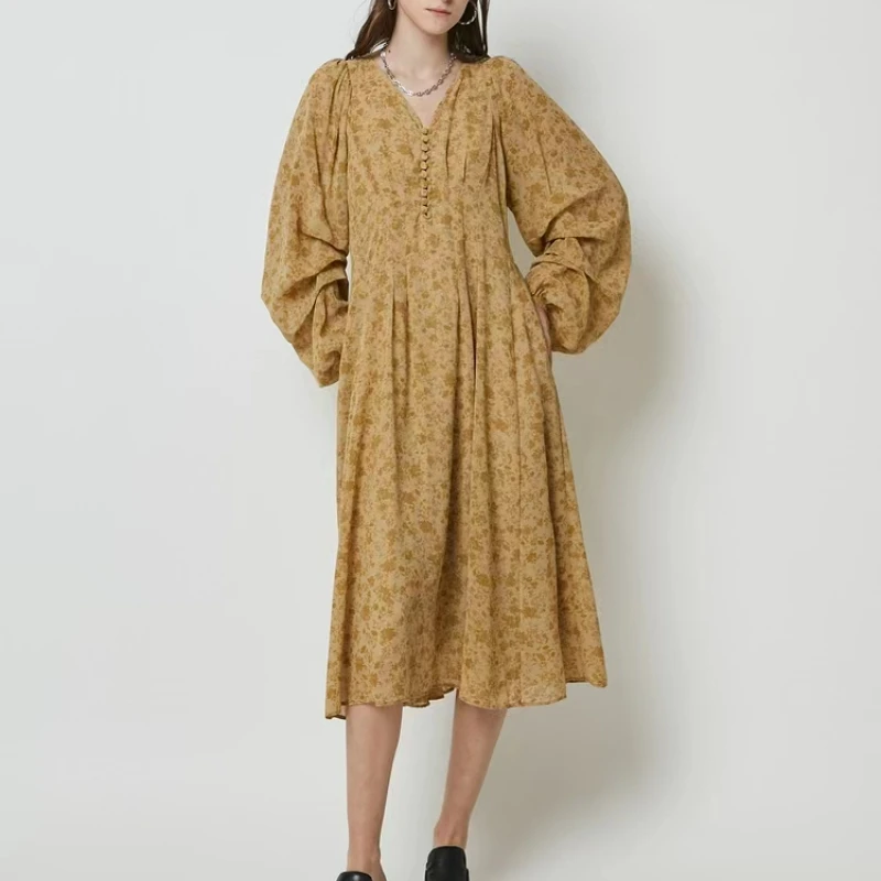 2023 New Women Ginger V-Neck Long Sleeve Printed Pleated Long Dress