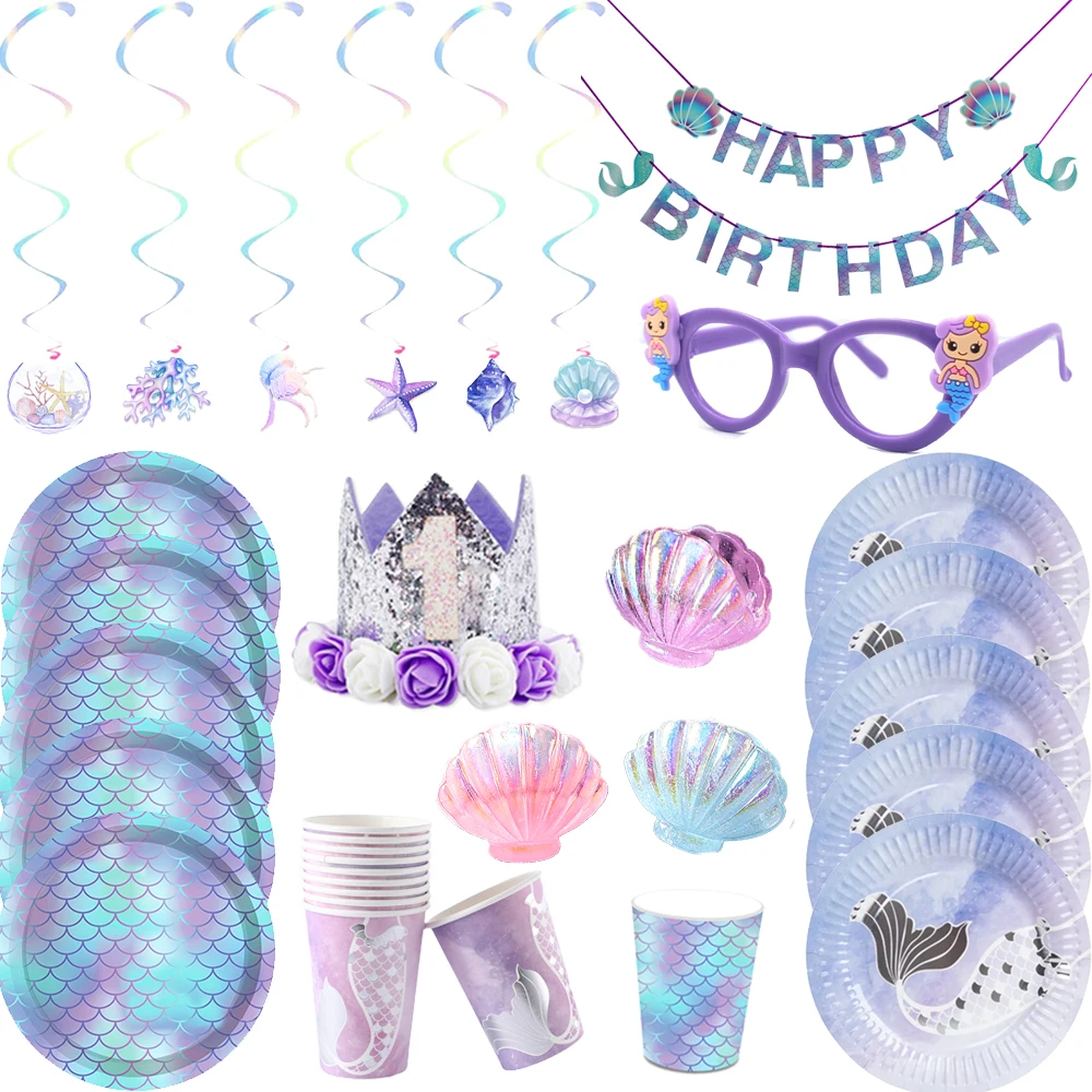 

Mermaid Theme Disposable Tableware Wedding Girls Birthday Party Supplies Paper Plates Napkins Tableware Set Baby Shower Favor