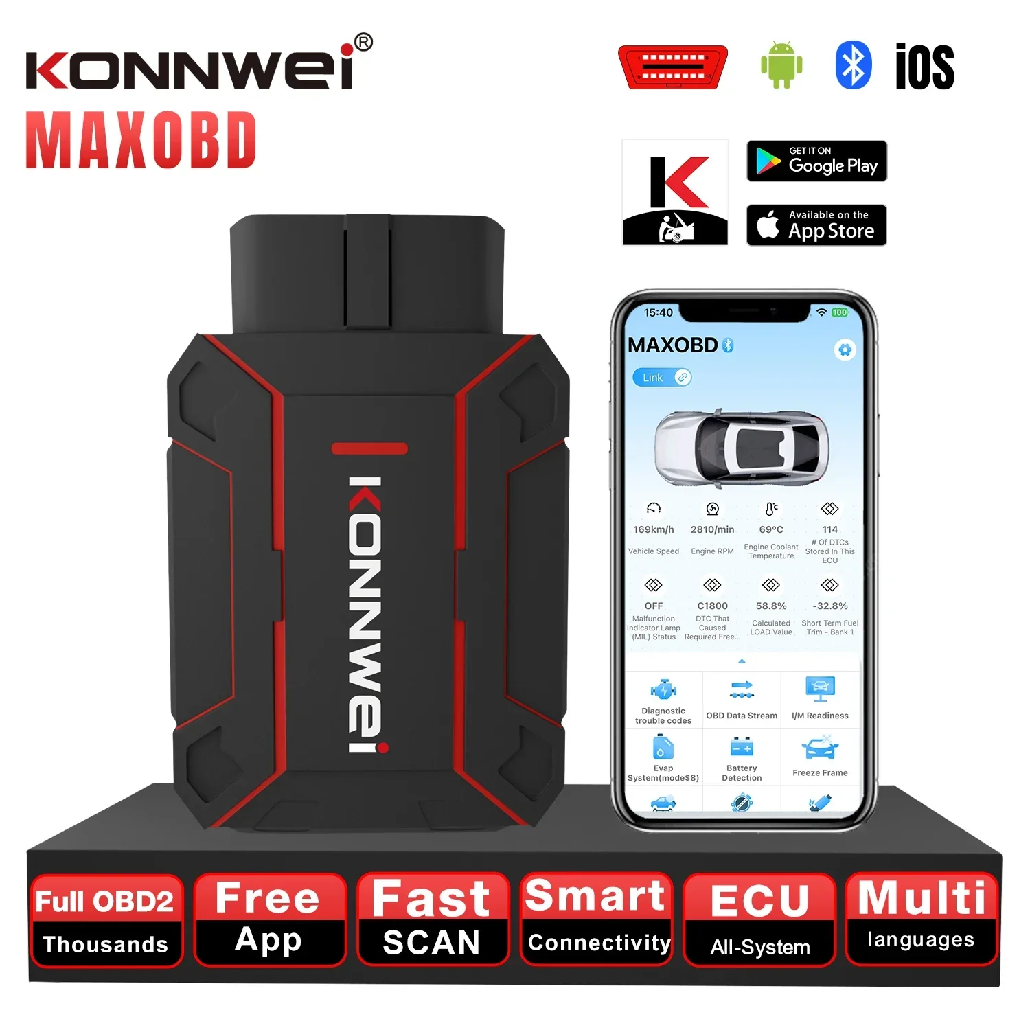 

KONNWEI MAXOBD Полный системный сканер Bluetooth 5,0 OBD2 Диагностический инструмент с приложением для Android/IOS для автоматической передачи ABS