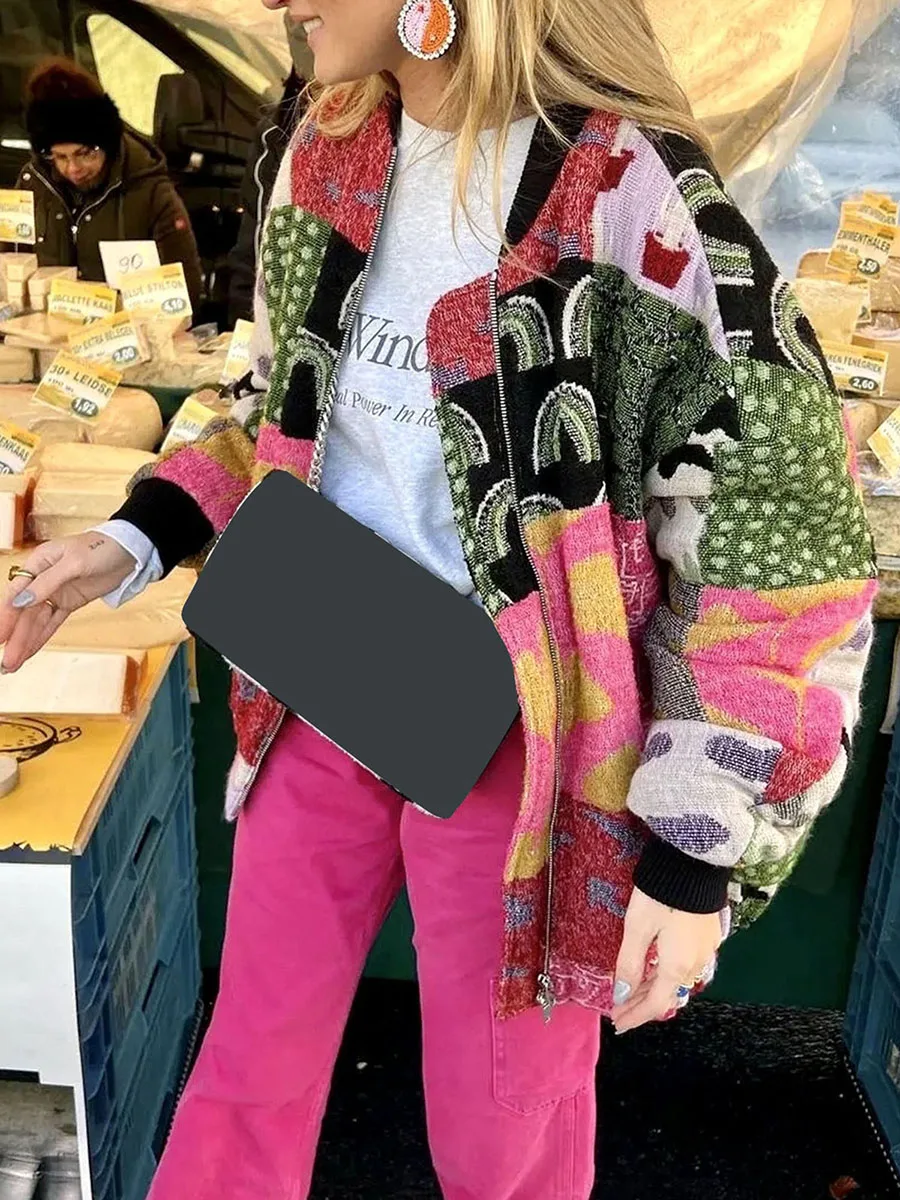 

Womens Loose Retro Fall Jackets Coat Graphic Pattern Contrast Color Long Sleeve Front Zipper Bomber Jacket