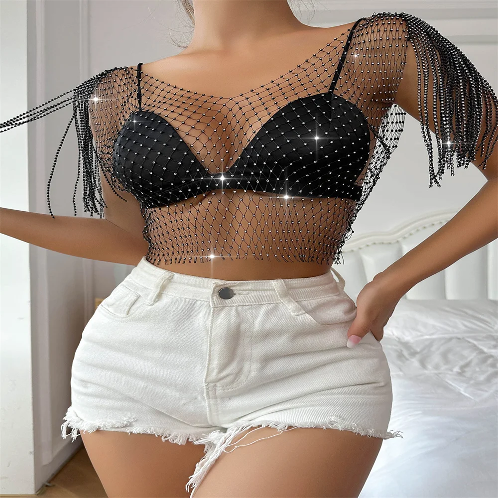

New 4 Colors Sexy crystal tassel mesh Rhinestone tank top women summer club party crop top beach cover up fishnet top t shirt